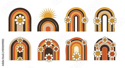 Collection of Retro Rainbow Arches with Happy Flower Faces on a White Background for Graphic Design Elements