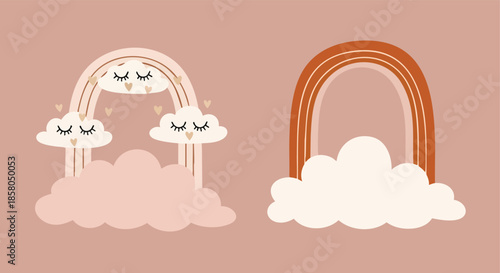 Dreamy rainbow illustrations with closed eyes and fluffy clouds against a soft pink background perfect for children's decor and creative projects