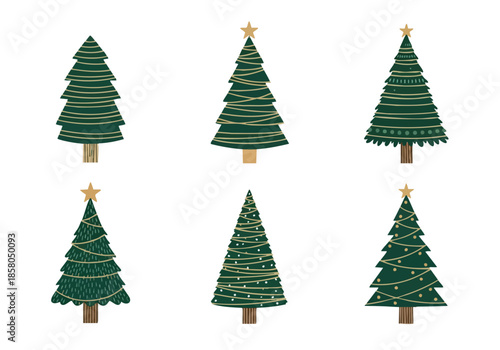 Six Artistic Christmas Trees Decorated with Golden Ornaments and Stars in a Minimalist White Background