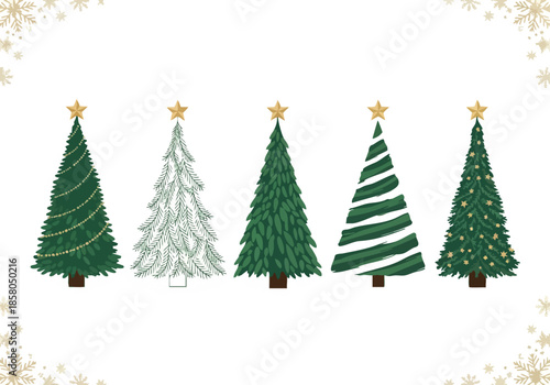 A quintet of festive conifers each adorned with a golden star, presented against a clean white backdrop sprinkled with whimsical snowflake accents