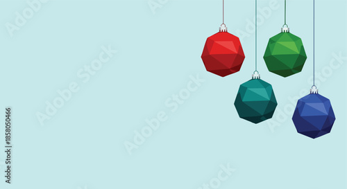 Geometric Christmas ornaments in vibrant colors suspended against a minimalist serene blue backdrop for festive digital designs