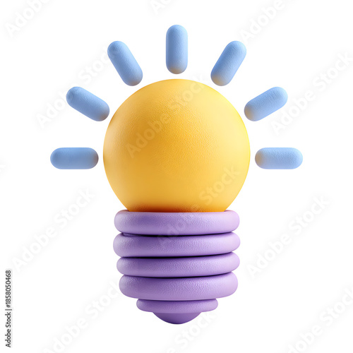 Stylized 3d cartoon light bulb illustration glowing brightly with distinct purple base and blue rays on transparent background