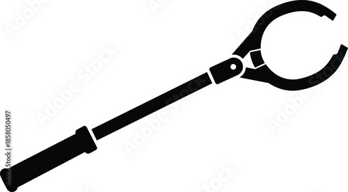 Reacher grabber tool silhouette vector illustration, black and white trash picker and long arm reaching aid for elderly and disabled person,