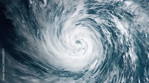A dramatic satellite view of a spiraling hurricane, white eye-clouds sweeping the dark sea. Intense!