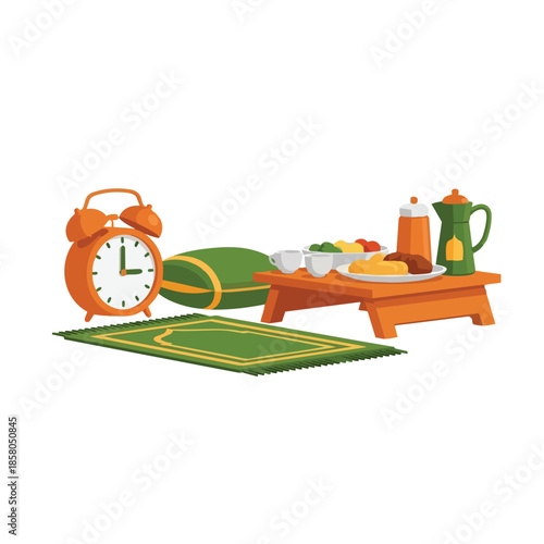 Flat vector of a traditional iftar scene including prayer rug, alarm clock showing sunset time, and a table with dates, fruit, tea and dishes. Ideal for Ramadan, fasting or Islamic lifestyle content.