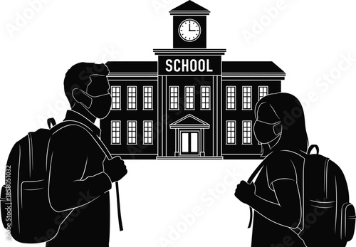 School silhouette vector, students with backpacks, face mask safety, black and white contrast, educational building, return to school, pandemic awareness, minimal design