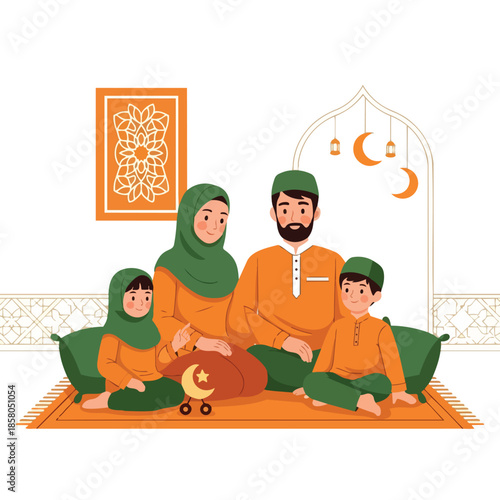 Flat illustration of a Muslim family sitting on rug during Ramadan, wearing traditional clothes, with crescent moon decor and lanterns. Ideal for family, faith or Islamic holiday themes.