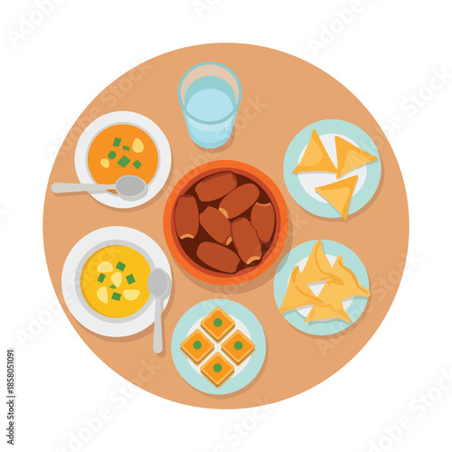 Flat vector top view of a complete iftar meal including dates, soup, samosas, sweet dessert and water. Perfect for Ramadan content, food blogs or Islamic holiday designs.