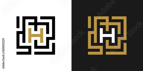Geometric Font. Square labyrinth alphabet, geometric letter H, unique puzzle font for creative logos. Abstract labyrinth typography design.