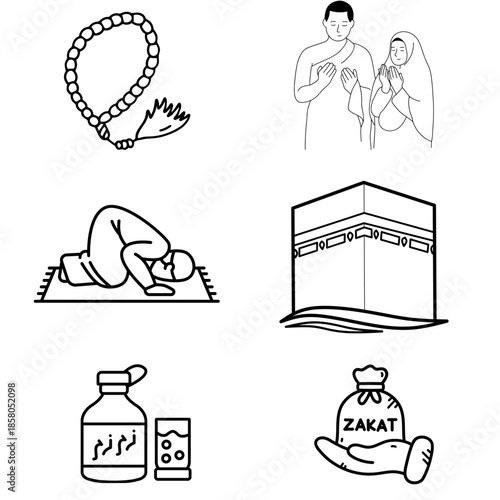 Detailed line art icons representing Islamic pillars and rituals, including Zakat, prayer, and Tasbih. High-quality vector illustrations for educational religious materials and brochures.