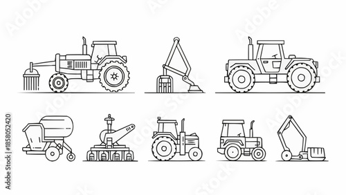 Collection of agricultural tractor and machinery line art illustrations.