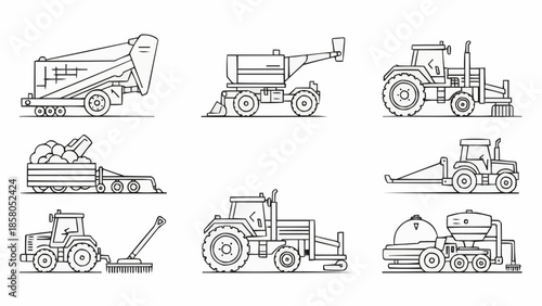 Collection of agricultural machinery line art illustrations.