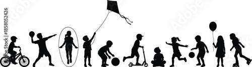 Children playing silhouettes, kids outdoor activities, childhood fun illustration, playful boys and girls, recreation concept, isolated white background, black vector