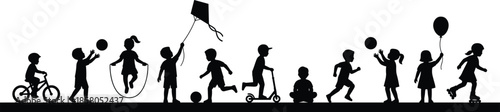 Children playing silhouettes, kids outdoor activities, childhood games illustration, playful boys and girls, recreation concept, black vector, isolated white background