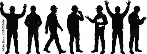 Construction worker silhouette set, industrial labor people, engineer builder poses, safety helmet teamwork illustration isolated white background
