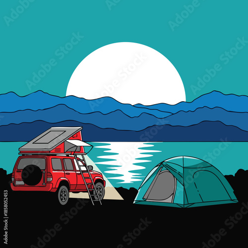 Adventure vehicle and tent by a tranquil mountain lake at dusk an illustration capturing peaceful outdoor exploration
