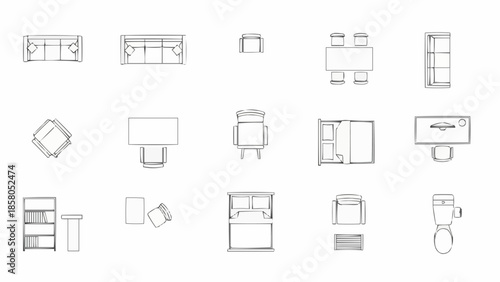 Collection of architectural drawings of furniture and fixtures.