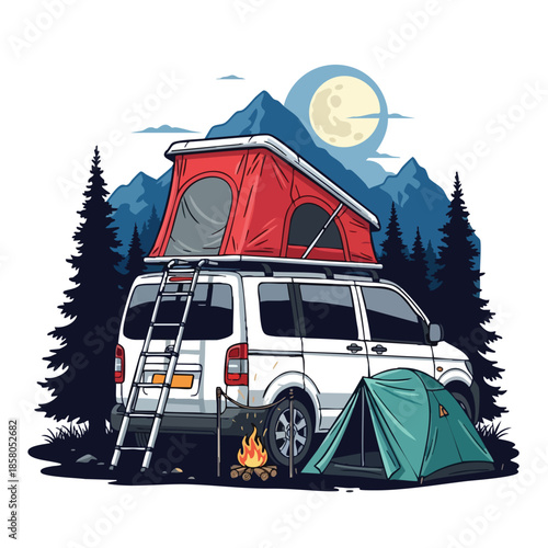 Adventure vehicle set up for camping under a moonlit sky with a tent and campfire surrounded by evergreen trees and mountains for outdoor exploration