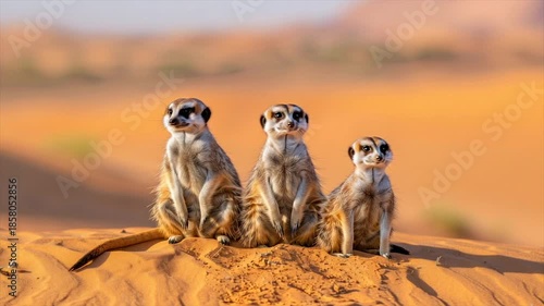 Three meerkats stand upright on a sand dune, gazing forward. Warm orange light bathes them