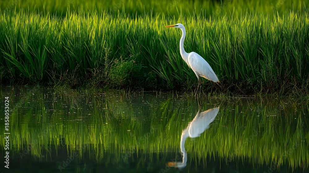 Fototapeta premium Great Egret Standing in Lush Green Rice Paddies Reflected in Water.