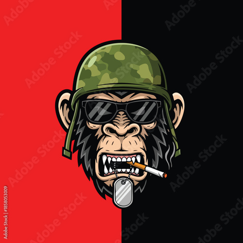 Aggressive monkey in military gear wearing sunglasses and smoking a cigarette with a dog tag against a split background