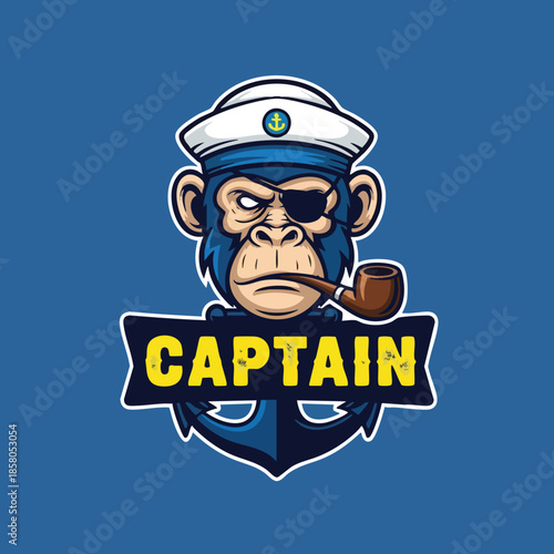 Animated monkey captain with eyepatch and pipe depicted over an anchor emblem for maritime branding and seafaring themes