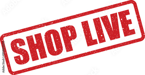 Distressed rectangular grunge rubber stamp featuring bold SHOP LIVE text, conveying an immediate online broadcast event