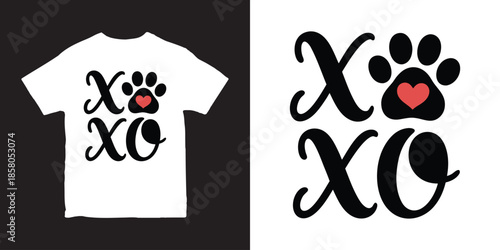 XOXO Paw Print Typography T-shirt Design with Heart Vector Illustration