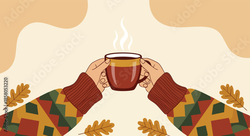 Cozy Hands Holding Warm Beverage Amidst Autumnal Accents Evoking Comfort