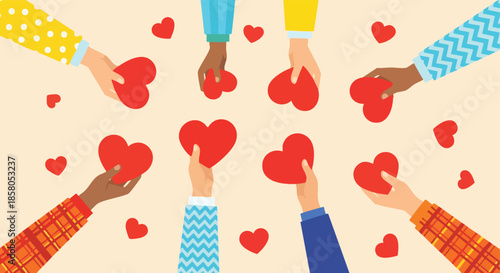 A diverse group of hands offering symbolic red hearts on a soft beige background, conveying a message of unity and shared kindness and compassion