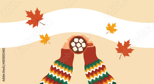 Cozy autumnal beverage held by hands in a knitted sweater surrounded by falling maple leaves a delightful seasonal scene illustration