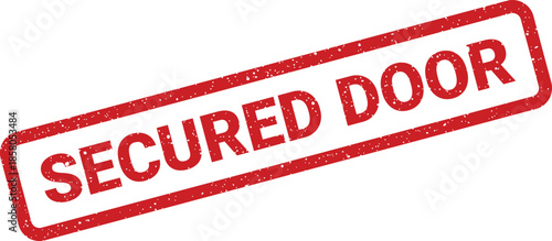 Distressed rectangular rubber stamp illustration featuring the text secured door, signifying restricted access or protected entry