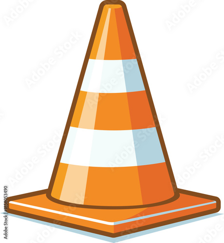 A cartoon-style illustration of an orange traffic cone with white stripes on a plain white background.