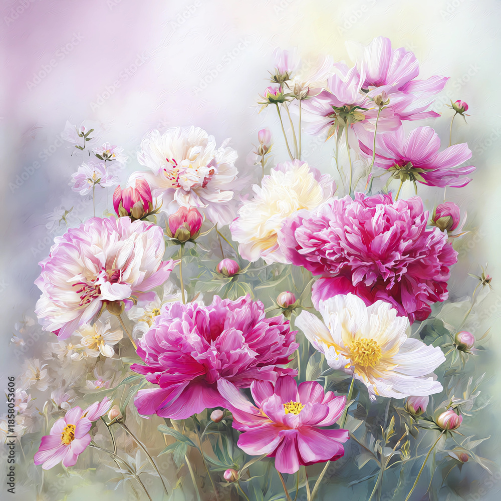Fototapeta premium pink and white peonies, cosmos flowers, soft colors, detailed, realistic, in the blurry garden background