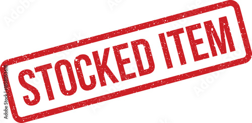 Distressed rectangular rubber stamp indicating Stocked Item for clear inventory classification and warehouse product availability status