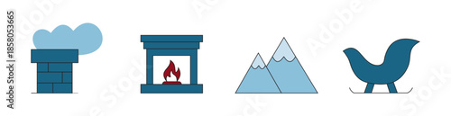 Winter Cold Weather Icons Set – Chimney Fireplace Mountains Sled Vector