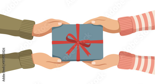 Hands exchanging a beautifully wrapped gift box with a red ribbon illustration isolated on white background symbolizing giving and receiving joy for