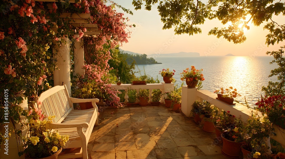 Fototapeta premium Idyllic Terrace Overlooking the Sea at Sunset with Blooming Flowers and Bench.