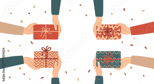 Multiple hands exchanging colorful gift boxes adorned with ribbons and confetti scattered around celebrating joy and generosity