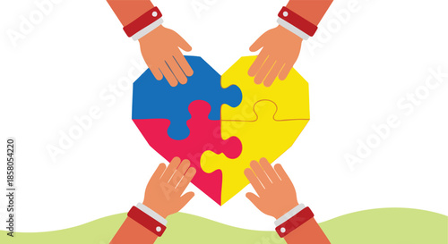 Hands assembling a colorful heart-shaped puzzle symbolizing unity and connection for various projects and causes