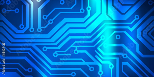 Blue Circuit Board Technology Background With Interconnected Lines And Neon Glow