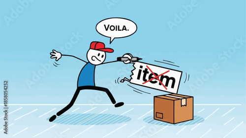 Delivery person cuts off item from label with scissors.