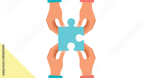 Collaborative effort uniting diverse hands around a central puzzle piece symbolizing teamwork and shared goals in a clean graphic space
