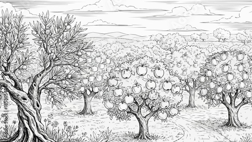 Detailed black and white illustration of a lush apple orchard with mature trees.