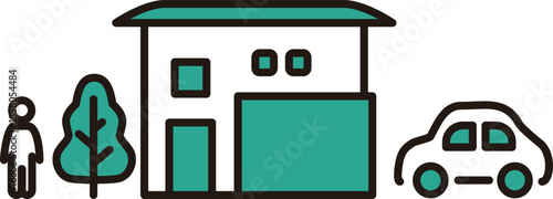 Simple House Icon with Green Roof and Trees. Vector Illustration for Real Estate and My Home