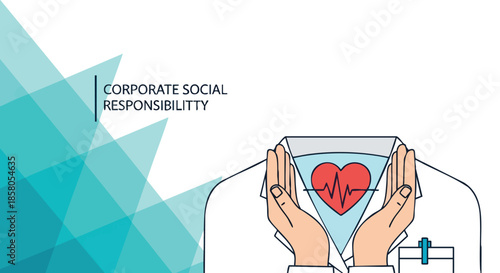 Corporate social responsibility emblem of care and commitment with healthcare heart graphic symbol against abstract geometric background a visual