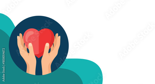 Illustration of two hands gently holding a bright red heart symbolizing love care and compassion on a teal and white background