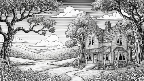 Detailed illustration of a charming old house in a pastoral landscape.