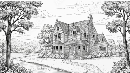 Detailed illustration of an old Victorian house with a winding path.