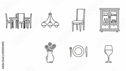 Dining room furniture and decor elements line art.